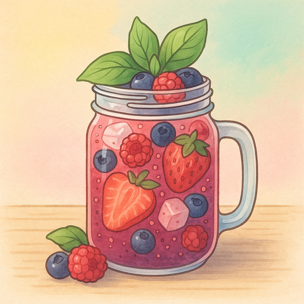 Colorful berry basil mocktail in a mason jar with fresh basil leaves and berries on top.