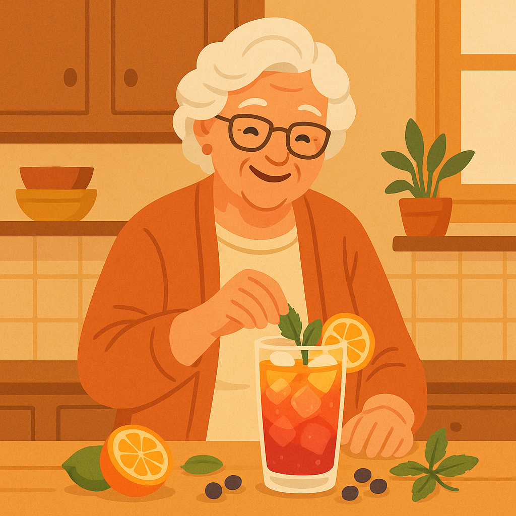 Illustration of Grandma Mary preparing a zero-alcohol mocktail in her kitchen.